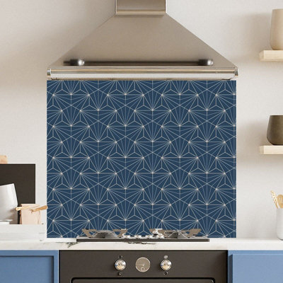 Premium 70 x 60cm Blue Gold Pattern 6mm Glass Toughened Kitchen Splashback