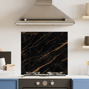Premium 70cm x 65cm 6mm Glass Black Gold Marble Kitchen Splashback Toughened Polished Edge