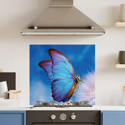 Premium 70cm x 65cm 6mm Glass Blue Butterfly Kitchen Splashback Toughened Polished Edge