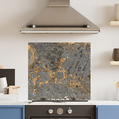 Premium 70cm x 65cm 6mm Glass Grey Gold Marble Kitchen Splashback Toughened Polished Edge