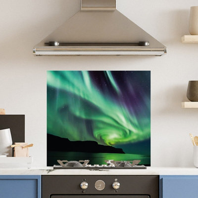 Premium 70cm x 65cm 6mm Glass Northern Lights Kitchen Splashback Toughened Polished Edge