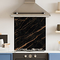 Premium 70cm x 75cm 6mm  Black Gold Marble Glass Kitchen Splashback Various Sizes Toughened - 70 cm
