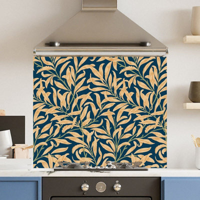 Premium 75 x 60cm Blue Yellow Leaf 6mm Glass Toughened Kitchen Splashback