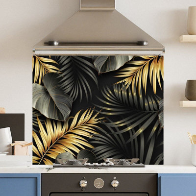 Premium 75 x 70cm Floral Gold Black 6mm Glass Toughened Kitchen Splashback