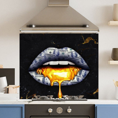 Premium 75 x 70cm Gold Black Lips 6mm Glass Toughened Kitchen Splashback