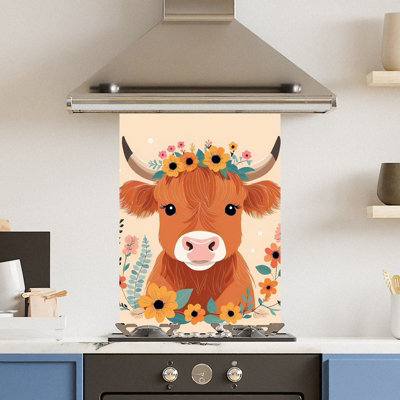 Premium 75 x 90cm Floral Cow 6mm Glass Toughened Kitchen Splashback
