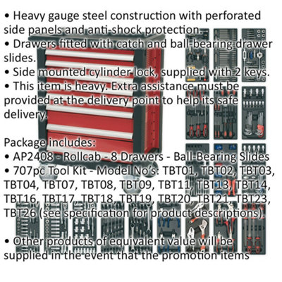Premium 8 Drawer Tool Rollcab with 707 Piece Professional Tool Kit and Ball Bearing Slides