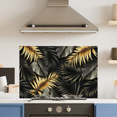Premium 90 x 60cm Floral Gold Black 6mm Glass Toughened Kitchen Splashback