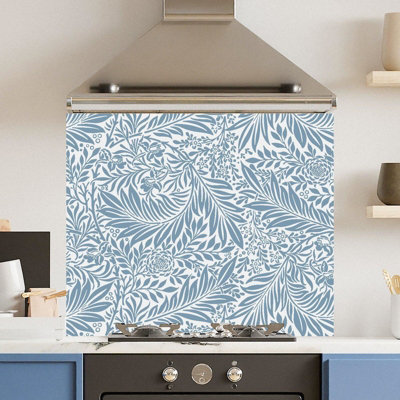 Premium 90 x 65cm Blue Floral 6mm Glass Toughened Kitchen Splashback ...