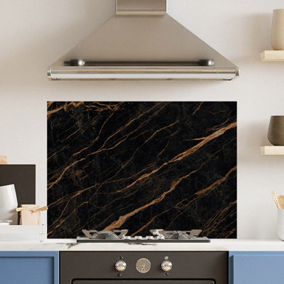 Premium 90cm x 65cm 6mm Glass Black Gold Marble Kitchen Splashback Toughened Polished Edge