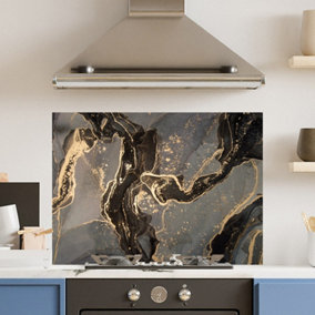 Premium 90cm x 65cm 6mm Glass Gold Marble Kitchen Splashback Toughened Polished Edge