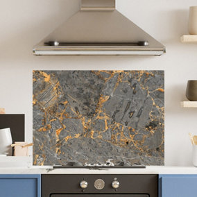 Premium 90cm x 65cm 6mm Glass Grey Gold Marble Kitchen Splashback Toughened Polished Edge
