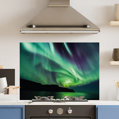 Premium 90cm x 65cm 6mm Glass Northern Lights Kitchen Splashback Toughened Polished Edge