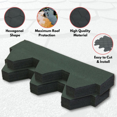 Premium Asphalt Roof Shingles, 25 Pcs Covers 32.2 sqft - Green Hexagonal Shape Design Felt Shingles 80 x 31.5 cm Weather Resistant