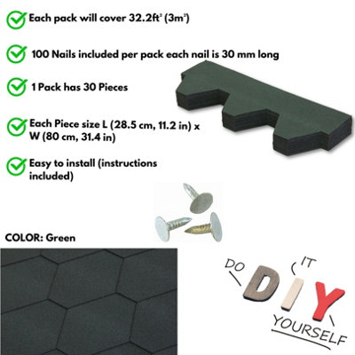 Premium Asphalt Roof Shingles, 25 Pcs Covers 32.2 sqft - Green Hexagonal Shape Design Felt Shingles 80 x 31.5 cm Weather Resistant