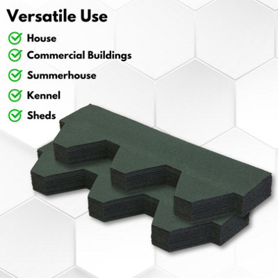 Premium Asphalt Roof Shingles, 25 Pcs Covers 32.2 sqft - Green Hexagonal Shape Design Felt Shingles 80 x 31.5 cm Weather Resistant