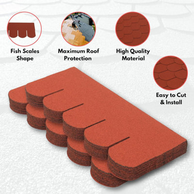 Premium Asphalt Roof Shingles 25 Pcs - Red Fish Scales Roofing Felt 3 sqm - 31.5 x 12.4 Weatherproof, Heavy-Duty Roofing Material