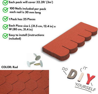 Premium Asphalt Roof Shingles 25 Pcs - Red Fish Scales Roofing Felt 3 sqm - 31.5 x 12.4 Weatherproof, Heavy-Duty Roofing Material