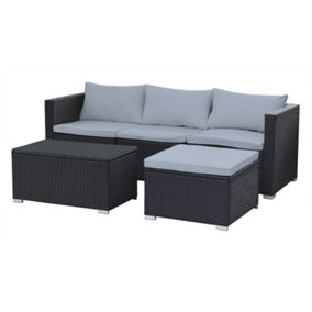 Premium Black 4 Seater Rattan Sofa & Table Set Grey Cushions