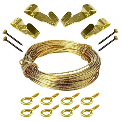 Premium Brass Picture Hanging Kit 3m Wire Max 6kg Includes Screw Eyes Picture Hooks & Brass Pins Easy DIY Frame Hanging Set