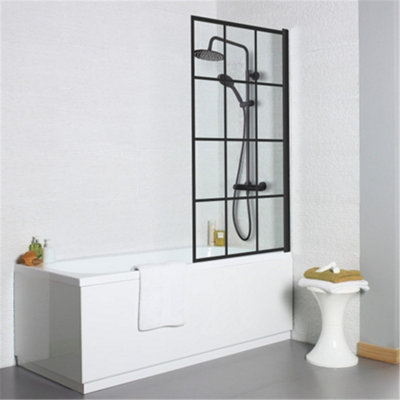 Premium Checked Black Straight Hinged Bath Screen Square Edge 1435 x 780mm