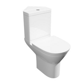 Premium CORNER OPEN BACK ROUND Toilet Set (Saturn) - Rimless Pan - Cistern - Soft Close Seat - Includes Chrome Flush Button