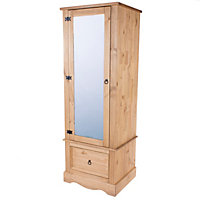 Premium Corona armoire with mirrored door and drawer, antique waxed pine