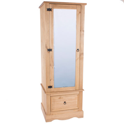 Premium Corona armoire with mirrored door and drawer, antique waxed pine