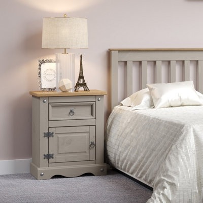 Premium Corona Grey, 1 door, 1 drawer bedside cabinet, Grey & antique waxed pine