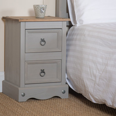 Premium Corona Grey, 2 drawer petite bedside cabinet, Grey & antique waxed pine