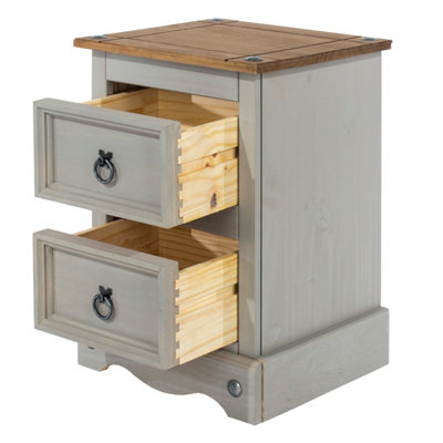 Premium Corona Grey, 2 drawer petite bedside cabinet, Grey & antique waxed pine