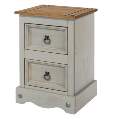 Premium Corona Grey, 2 drawer petite bedside cabinet, Grey & antique waxed pine