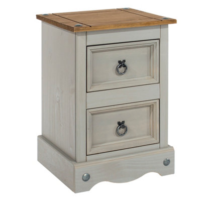 Premium Corona Grey, 2 drawer petite bedside cabinet, Grey & antique waxed pine