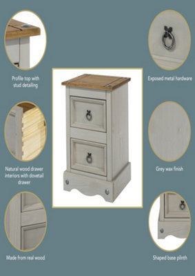 Premium Corona Grey, 2 drawer petite bedside cabinet, Grey & antique waxed pine