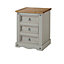 Premium Corona Grey, 3 drawer bedside cabinet, grey & antique waxed pine