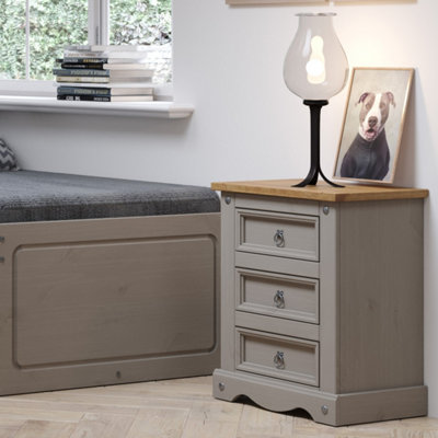 Premium Corona Grey, 3 drawer bedside cabinet, grey & antique waxed pine