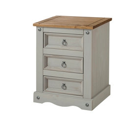 Premium Corona Grey, 3 drawer bedside cabinet, grey & antique waxed pine