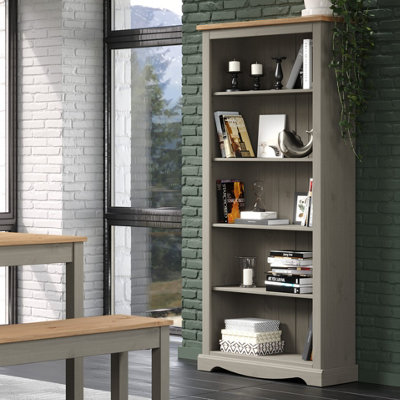 Premium  Corona Grey tall bookcase, grey wax & antique wax top