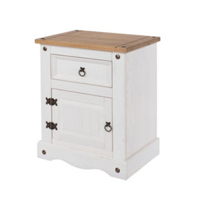Premium Corona White, 1 door, 1 drawer bedside cabinet, White & antique waxed pine