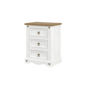 Premium Corona White, 3 drawer bedside cabinet, White & antique waxed pine