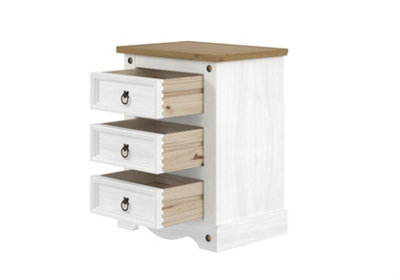 Premium Corona White, 3 drawer bedside cabinet, White & antique waxed pine