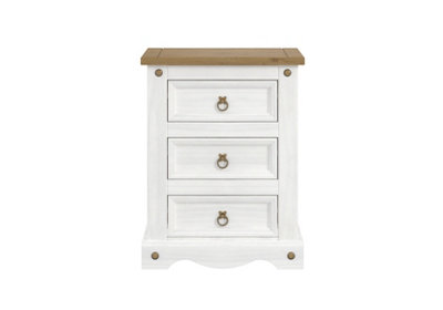 Premium Corona White, 3 drawer bedside cabinet, White & antique waxed pine