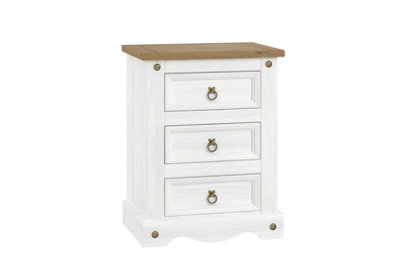 Premium Corona White, 3 drawer bedside cabinet, White & antique waxed pine