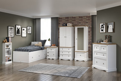 Premium Corona White, 3 drawer bedside cabinet, White & antique waxed pine