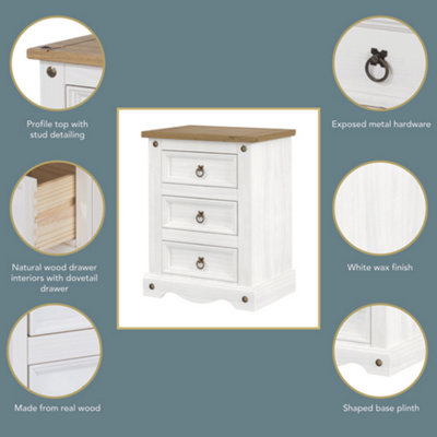 Premium Corona White, 3 drawer bedside cabinet, White & antique waxed pine
