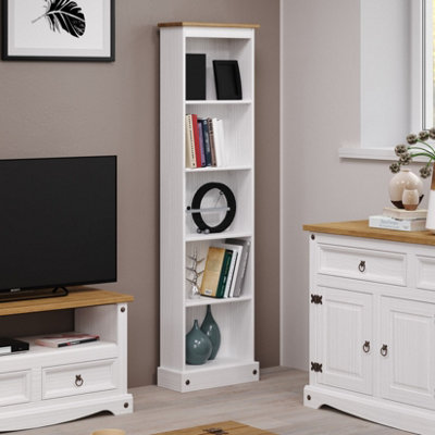 Premium  Corona White tall narrow bookcase, white wax & antique wax top