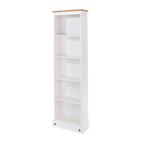 Premium  Corona White tall narrow bookcase, white wax & antique wax top