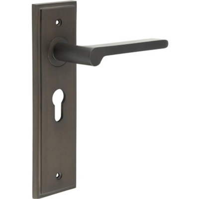 Premium Dark Bronze Door Handle with Euro Backplate - Solid Brass Interior Handle