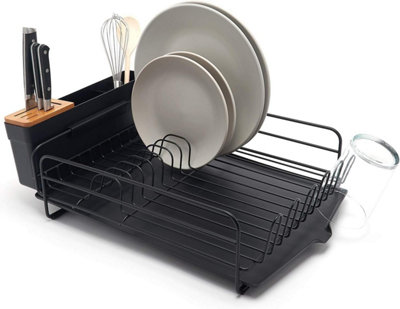 Premium Dish Drainer Plate Drying Rack with Cutlery Her Drip Tray Black ...