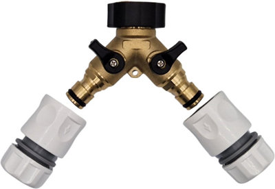 Premium Dual Tap Brass Connector Set with 2 premium Hose end Connectors-Hozelock Compatible Durable 2 Way Brass Connector Splitter